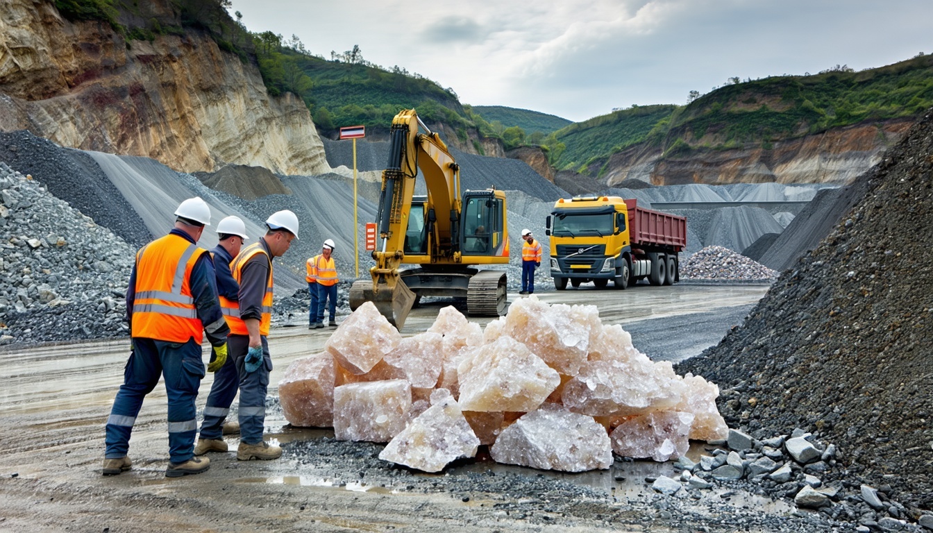 The image depicts a bustling industrial scene in a fluorspar mining operation In the foreground a group of workers clad in safety gear are inspecting large gleaming chunks of fluorspar their expressions a mix of concentration and concern Behind them-1